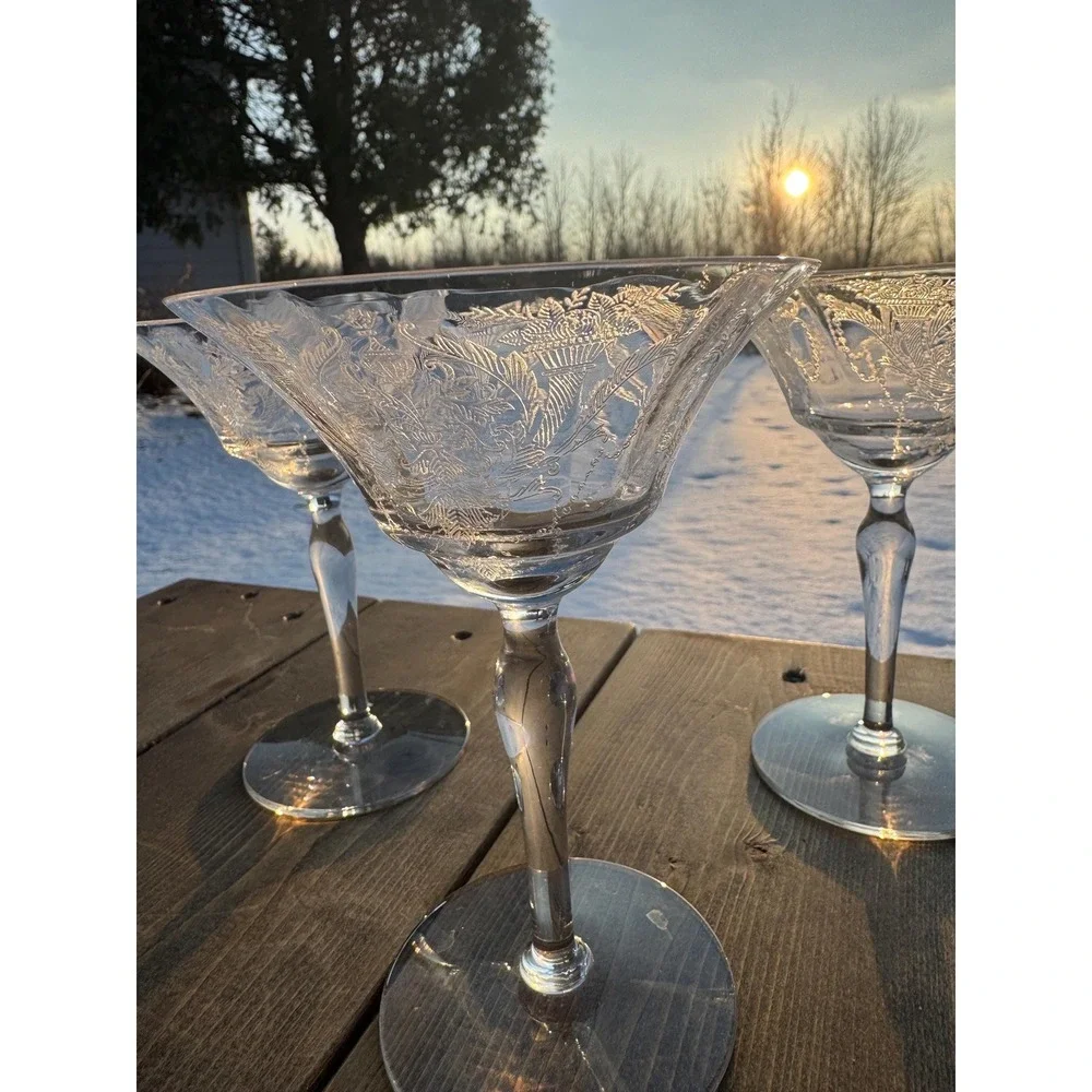 Mid Century Morgantown Milan 7668 Etched Champagne Glasses Tall Sherbet Set of 3